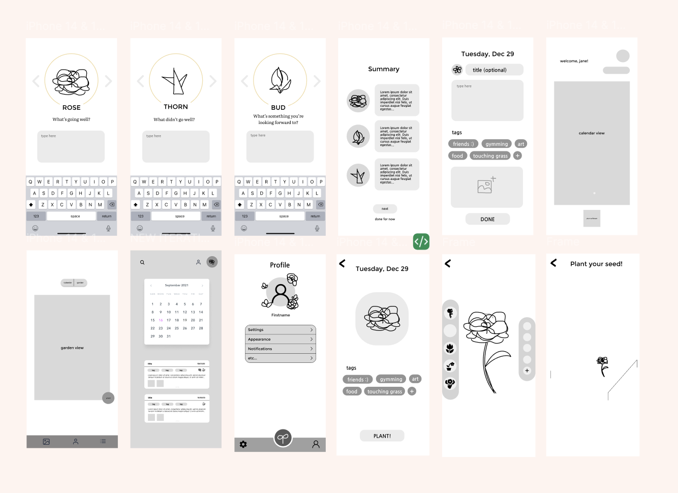 Rose Garden low fidelity wireframes
